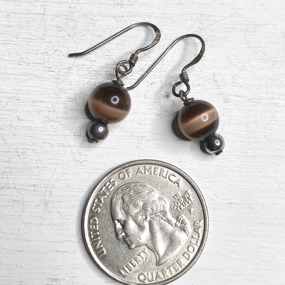 Tiger Eye Ball Sterling Dangling Earrings - Picture 3 of 4